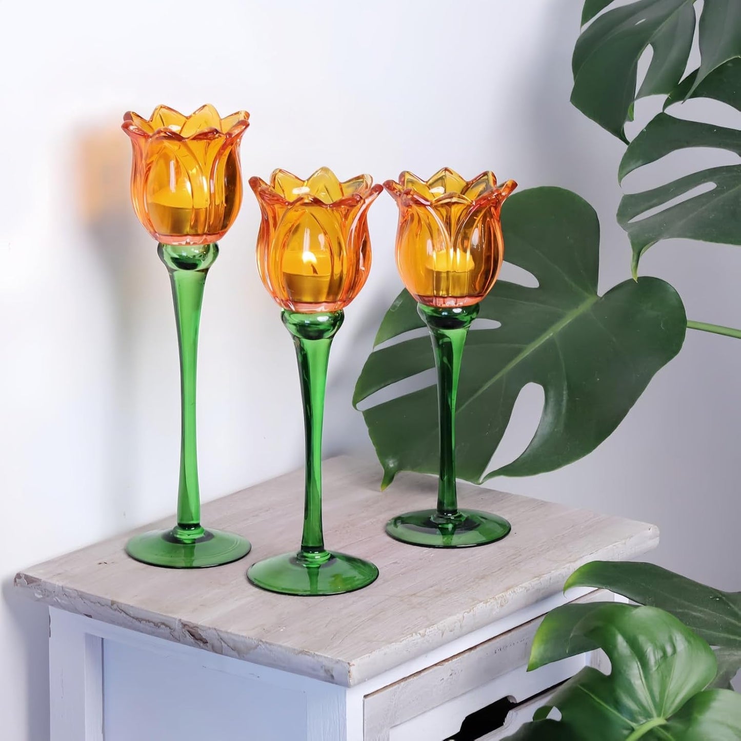 VOHO Orange Tulips Votive Candle Holders for Spring Decor, Elegant Tall Glass Candle Holder Centerpiece Table Decorations, Tulip Tealight Candle Holder for Wedding for Women(Set of3)