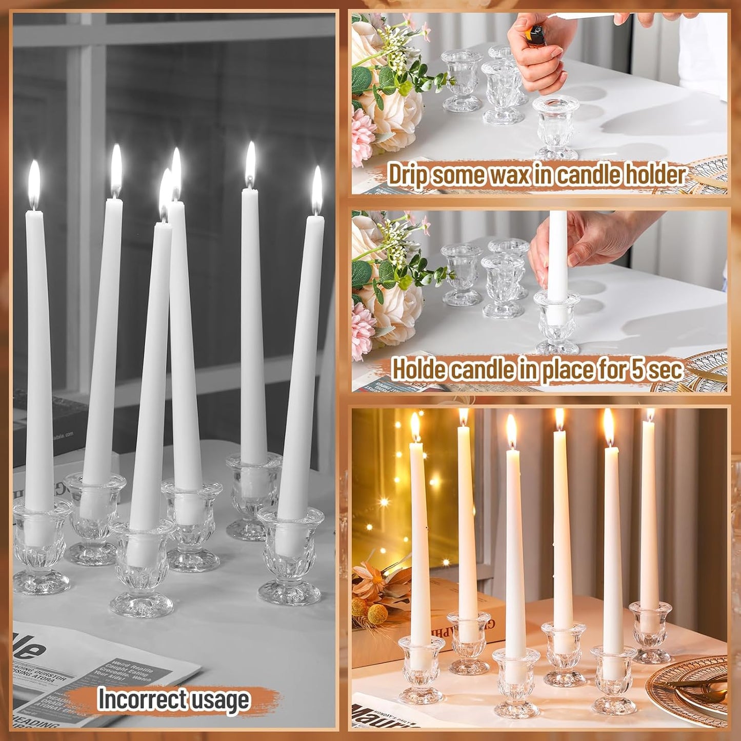 48 Pcs Glass Taper Candle Holders Bulk 2. 5 Inch Clear Candlestick Holder with Long Tapered Candles Candle Sticks Set for Table Centerpiece Wedding Christmas Party Decoration