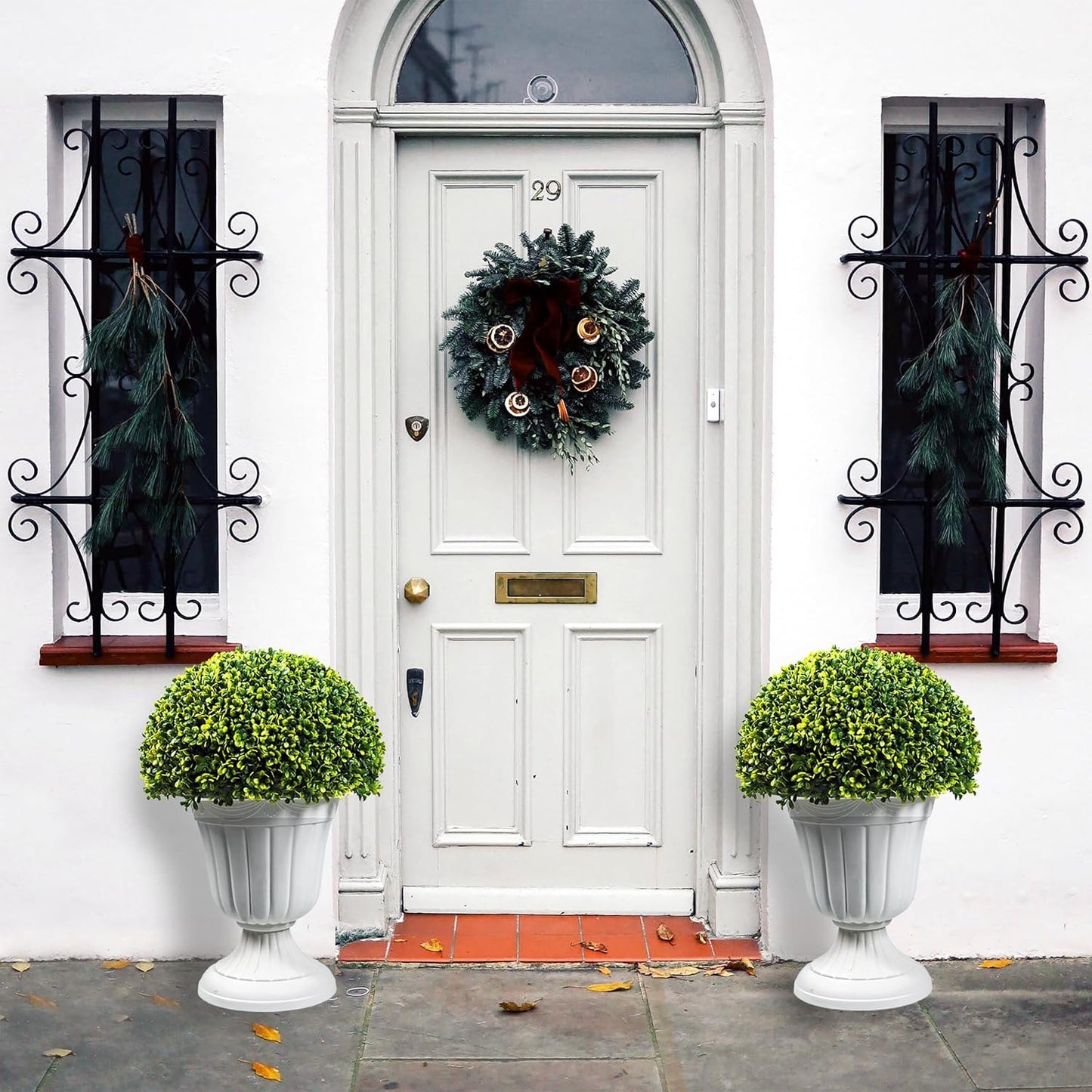 Sunnyglade 2 PCS 23”Artificial Plastic Boxwood Ball Tree,Faux Potted Decorative Topiary Plant,UV Resistant Fake Plant in Pot for Home Gate Indoor Outdoor Patio Office Decor