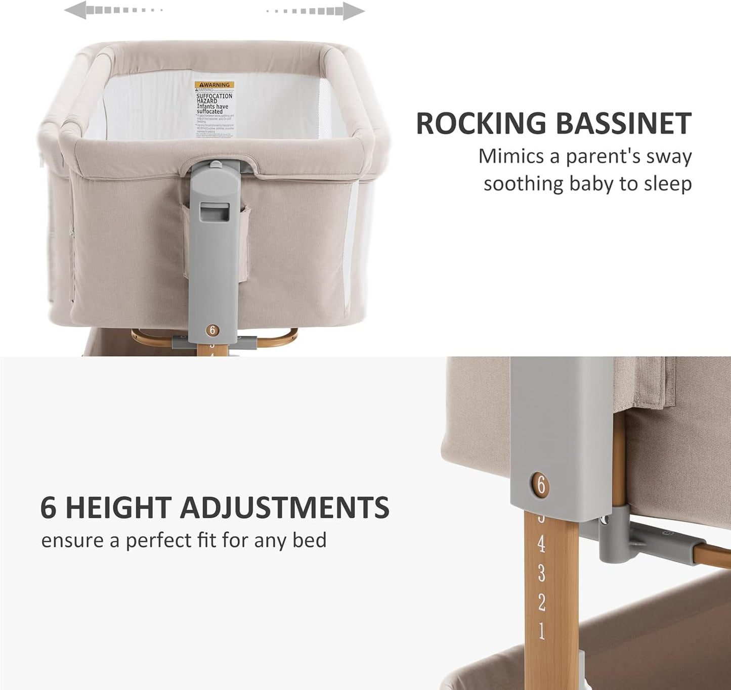 3 in 1 Baby Bassinet, Rocking Bassinet, Bedside Bassinet, 6-Height Adjustable, Bassinet Bedside Sleeper, Bedside Bassient for Baby with Comfy Mattress, Breathable Mesh, Large Storage Basket