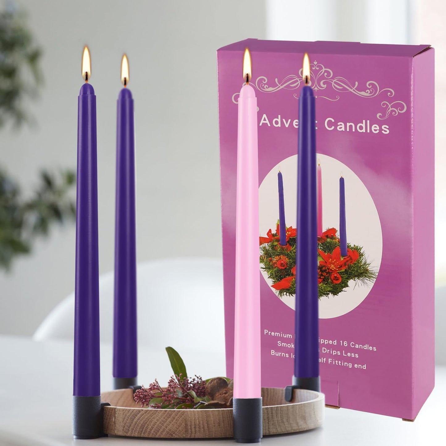 16 Pack Advent Taper Candles Premium Hand Dipped 10in Unscented Christmas Taper Candles - Ideal for Seasonal Celebrations, Holidays, Church, Celebration, Party