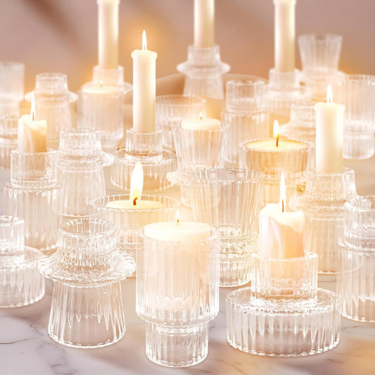 30 Pcs Glass Candlestick Holders Tealight Candle Holders, Double Side Taper Candle Holders for Dining Table Decor Birthday Centerpiece Wedding, Clear