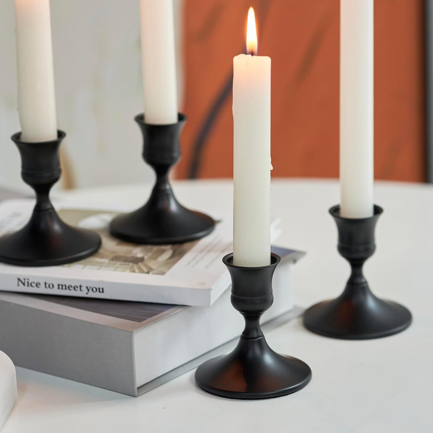 Black Taper Candle Holder, Candlestick Holders, Vintage Metal for Table Centerpieces Wedding Decor (Matte Black, 4 Pcs)