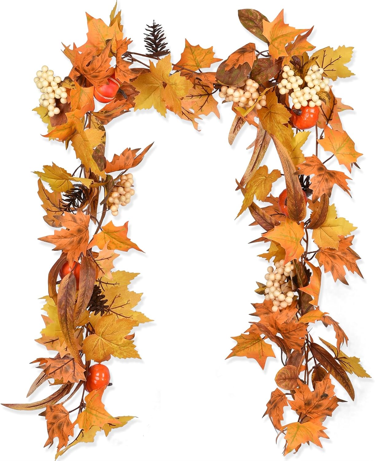Lvydec Fall Maple Leaves Garland Decoration -6ft Artificial Fall Foliage Garland with White Pumpkins Pine Cone Autumn Decor for Halloween Thanksgiving Home Table Decor