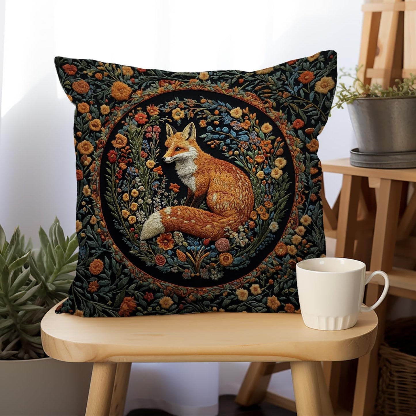 YOU FOUND ME William Morris Abstract Vintage Floral Velvet Fox Design Throw Pillow Covers Home Decor, Retro Art Deco Pillowcase Cushion Cover for Bed Sofa Living Room, Square 18x18inch (Fox)