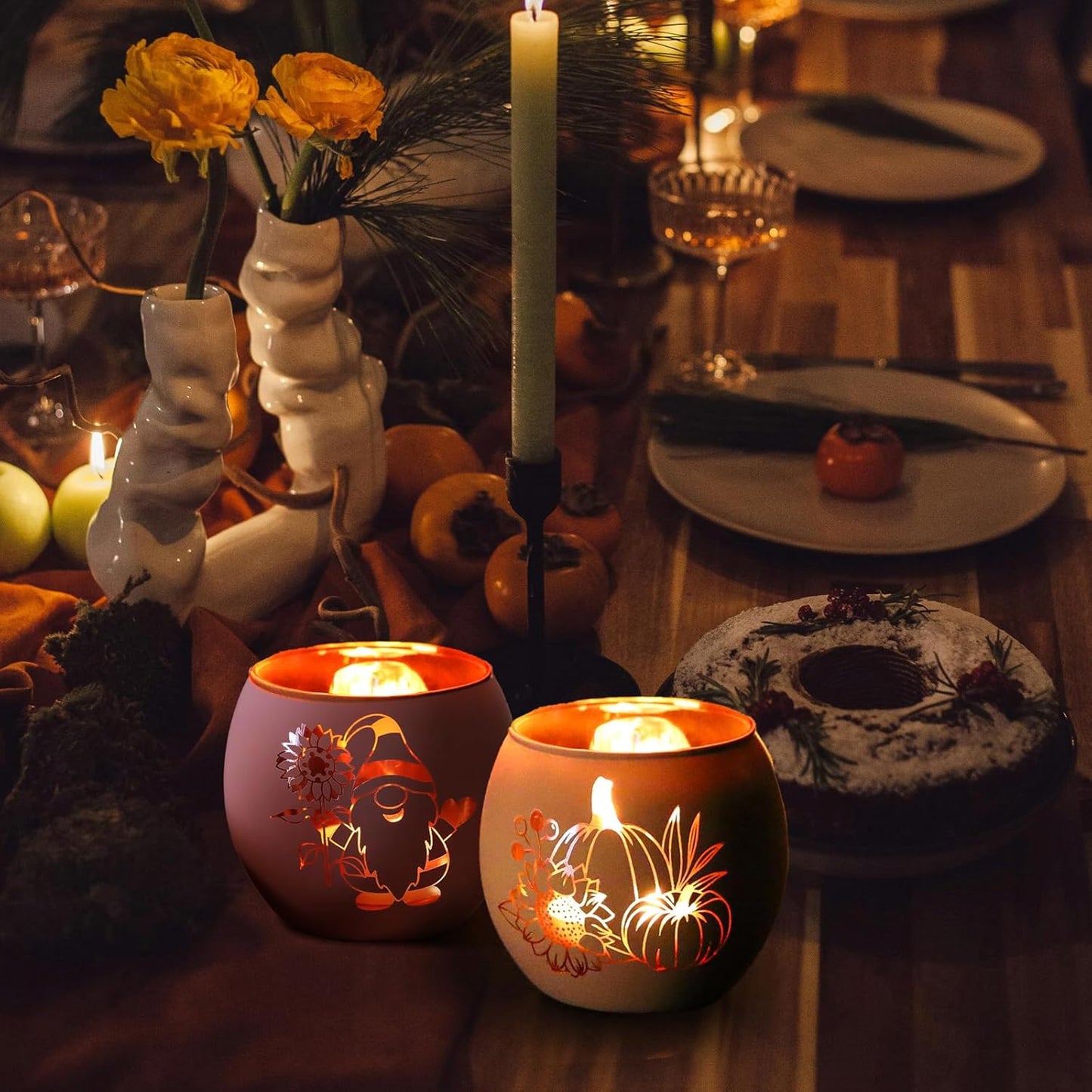 SHMILMH Fall Table Centerpiece Decorations Set of 12 Glass Votive Tealight Candle Holder for Wedding, Party, Thanksgiving, Fall Decor for Indoor and Outdoor