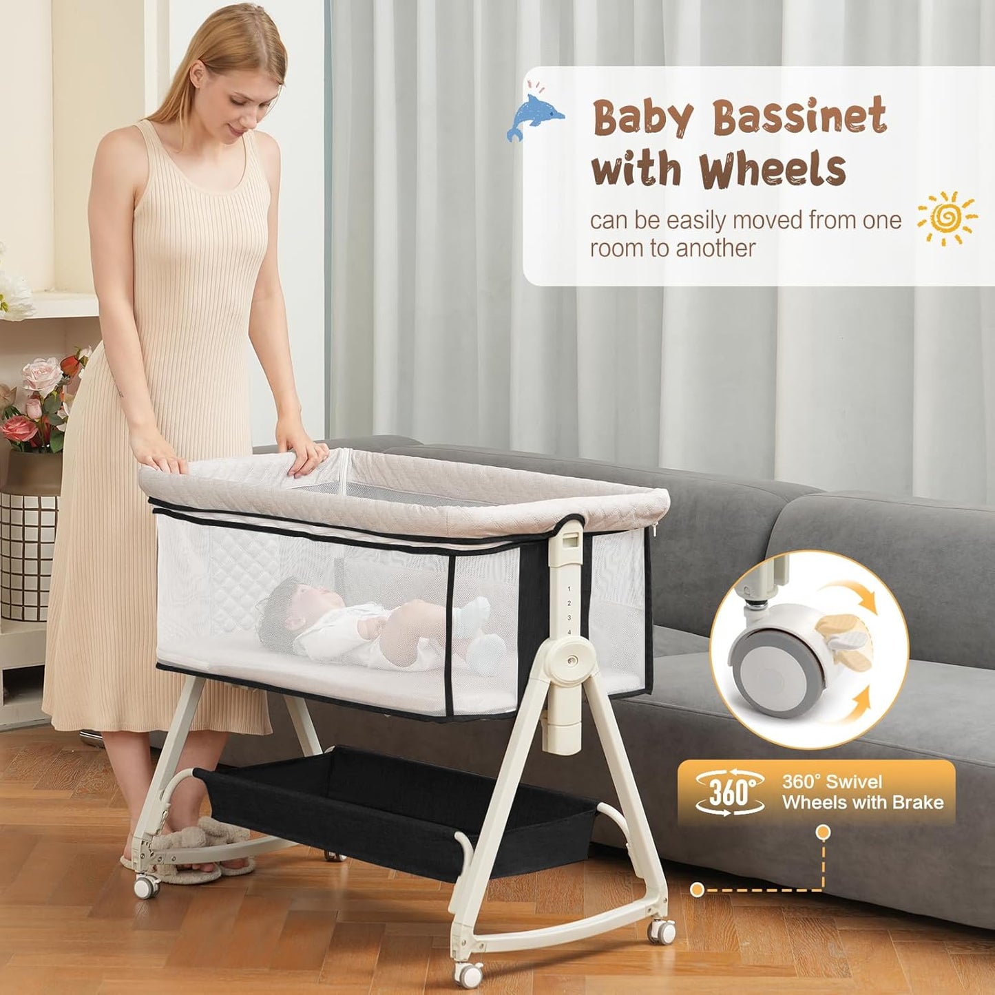Baby Bassinet Bedside Sleeper for Baby,Bedside Bassinet with Wheels and Storage Basket,All Mesh 6 Height Adjustable Easy to Assemble Bedside Crib (Upgrade Black)