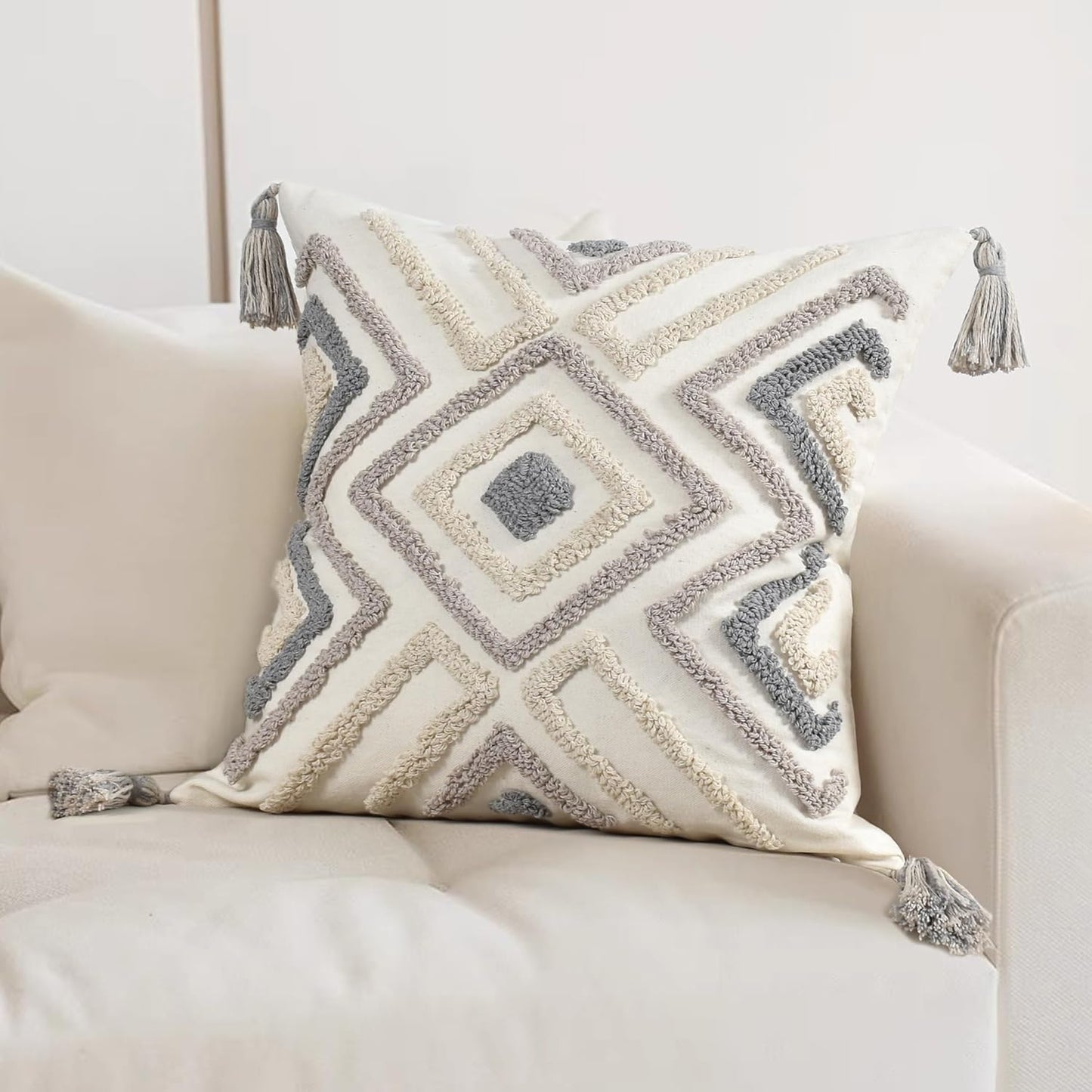 Boho Pillow Covers 18X18 Inch Boho Tufted Throw Pillow Covers Decorative Tassels Cushion Cover Farmhouse Pillow Case for Couch Sofa Bed Living Room Bedroom, Grey Netural