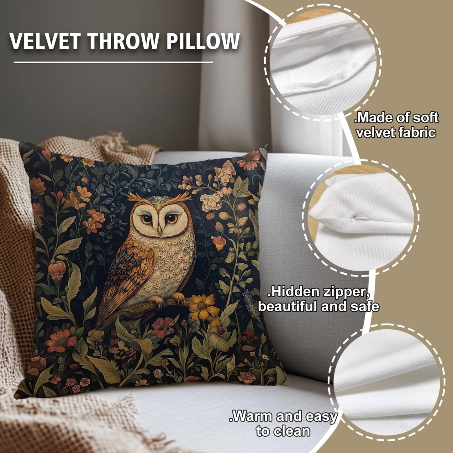 YOU FOUND ME William Morris Abstract Vintage Floral Velvet Owl Design Throw Pillow Covers Home Decor, Retro Art Deco Pillowcase Cushion Cover for Bed Sofa Living Room, Square 18x18inch (Brown-Owl)