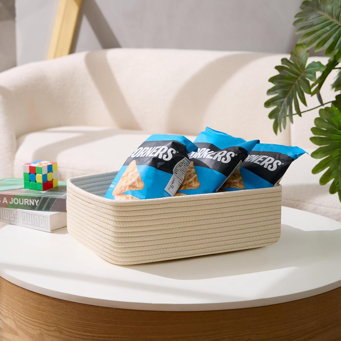 Large Shallow Organizing Baskets 15x11x5.1 Inches - Rope Woven Storage Bins for Bathroom, Shelves, Cube Closet, Beige 2 Packs