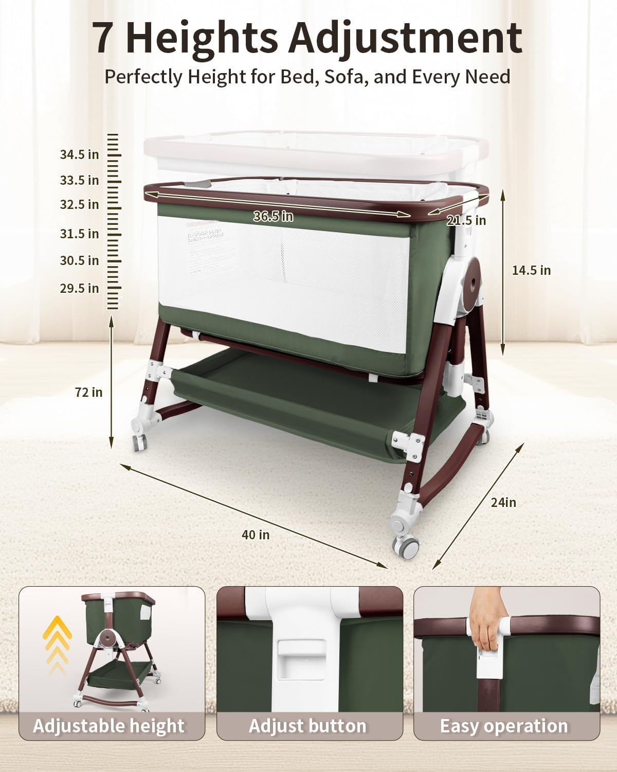 4 in 1 Baby Bassinet, Bassinets Bedside Sleeper with Wheels and Storage Basket, Adjustable 7 Heights Bedside Sleeper with Mosquito Net, Breathable Mesh Rocking Bassinet for Baby
