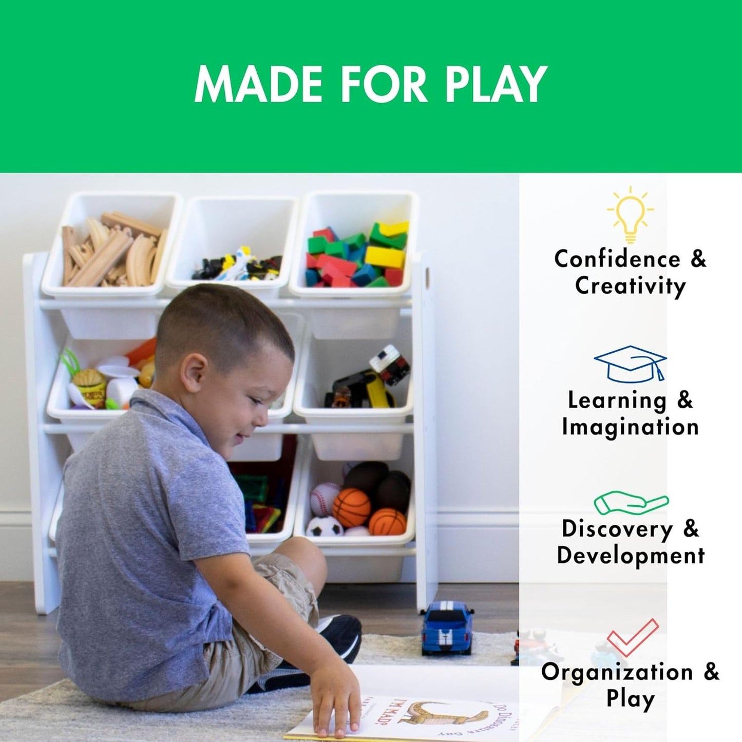 Humble Crew 9-Bin Toy Organizer – Cambridge White Plastic Bins, 3-Tier Storage Solution for Kids' Playrooms and Nurseries