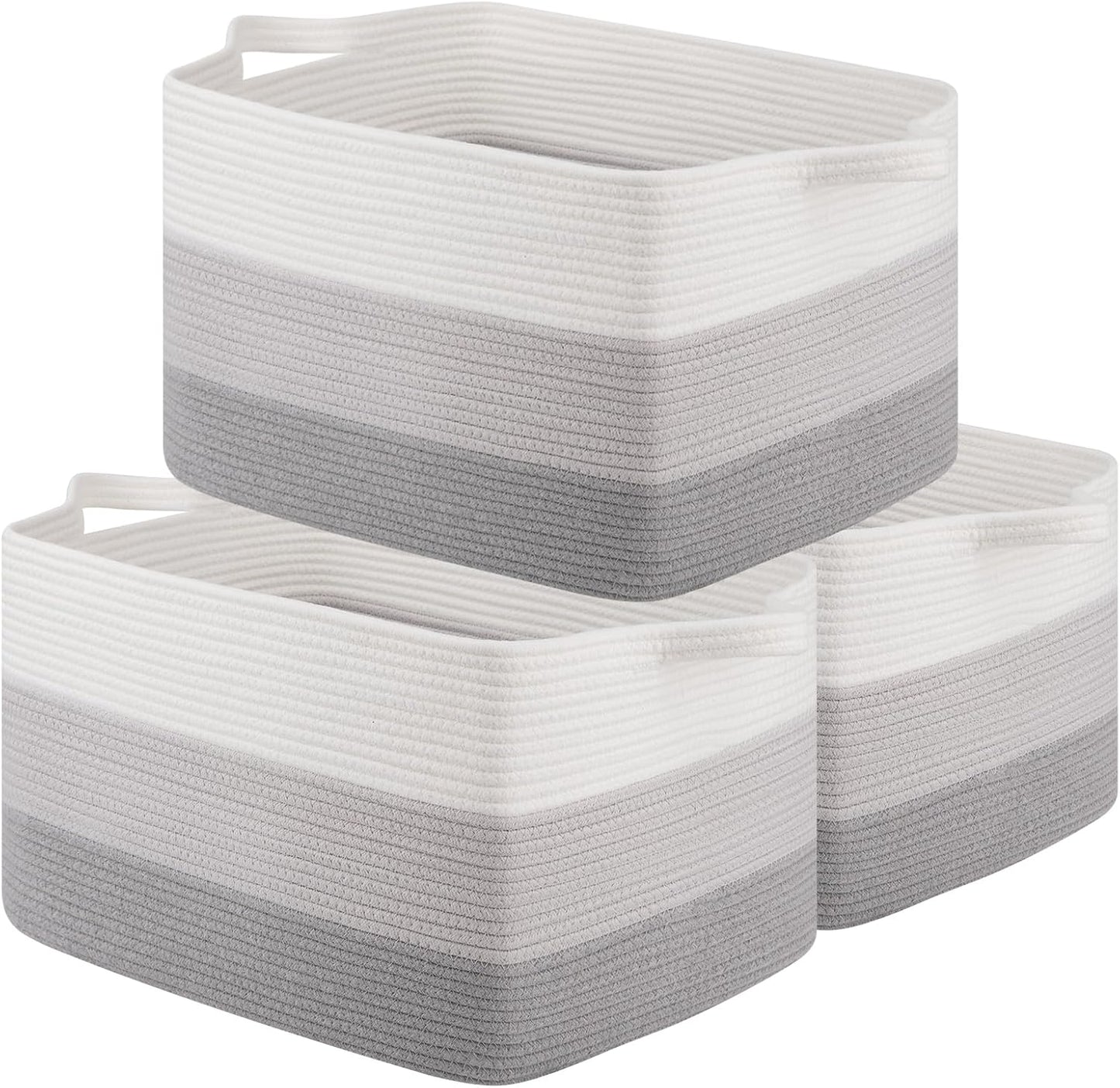OIAHOMY Rectangle Woven Storage Basket - Nursery Cotton Rope Baskets for Storage, Toy Basket Organizing for Living Room, 17.7"x13.8"x11"- Pack of 3 - Gradient Gray