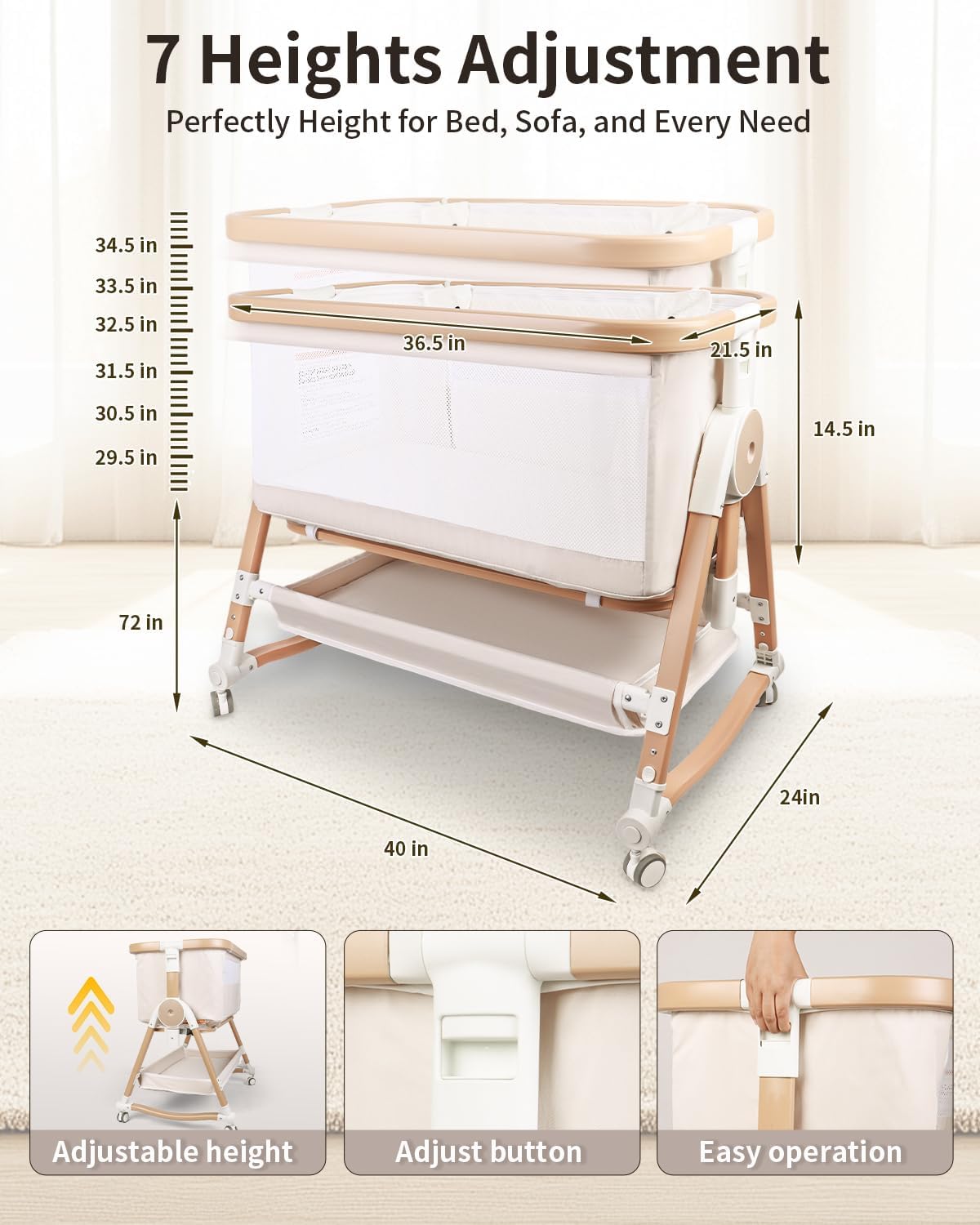 4 in 1 Baby Bassinet, Bassinets Bedside Sleeper with Wheels and Storage Basket, Adjustable 7 Heights Bedside Sleeper with Mosquito Net, Breathable Mesh Rocking Bassinet for Baby