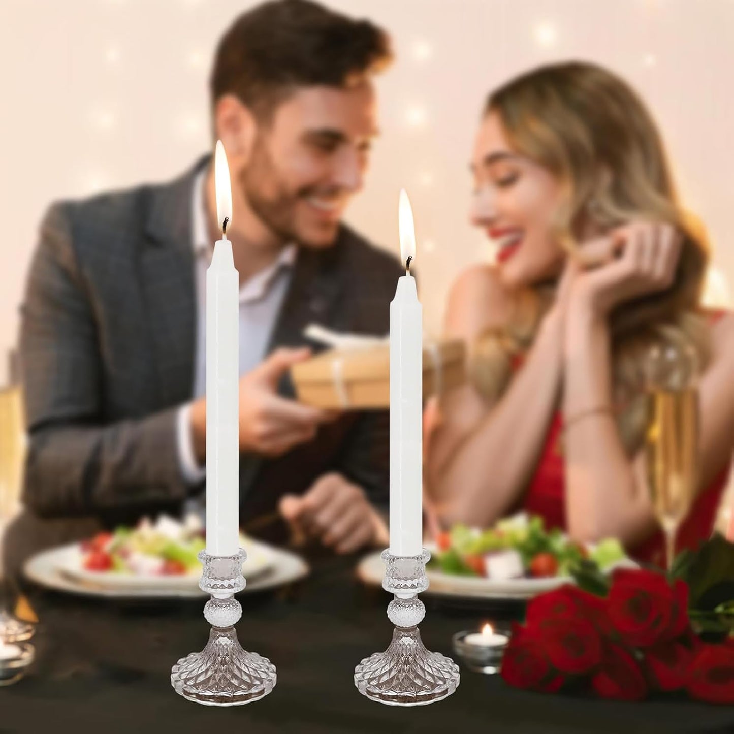 Candlestick Holders Set of 12-4" H Crystal Taper Candle Holders, Thick Glass Candle Stand with Diamond Pattern for Table, Wedding, Party, Church Decoration, Home Decor