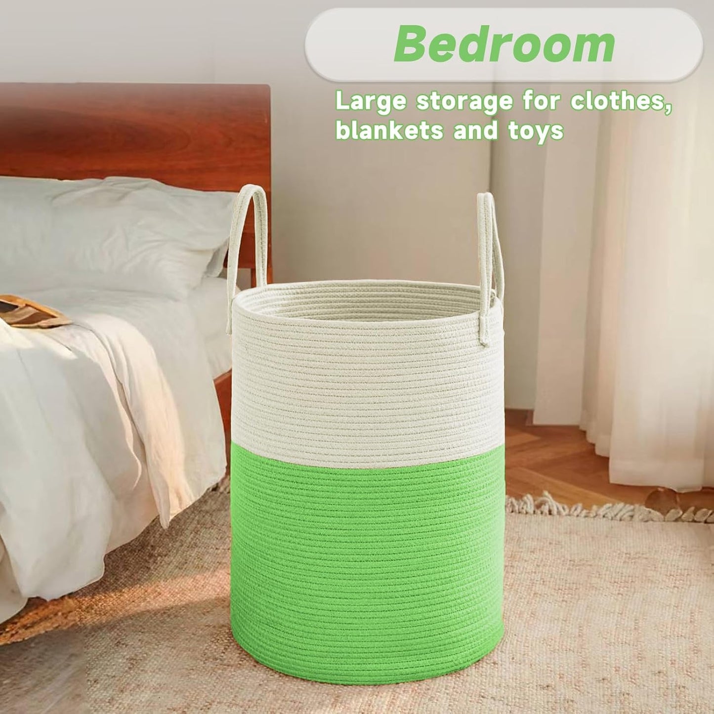 Large Woven Laundry Basket Hamper,60L Cotton Rope Storage Bin for Blankets,Toys and Clothes,Decorative Tall Nursery Hamper for Living Room,Baby Nursery,Bathroom and Bedroom,Light Green