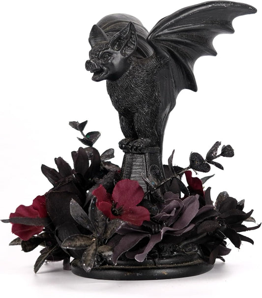 Bat Shaped Halloween Candle Holder, Black Resin Candlestick Holder with Black&Burgundy Artificial Flower, Gothic Halloween Decor for Coffee Table/Dining Table Centerpiece, 6" Height