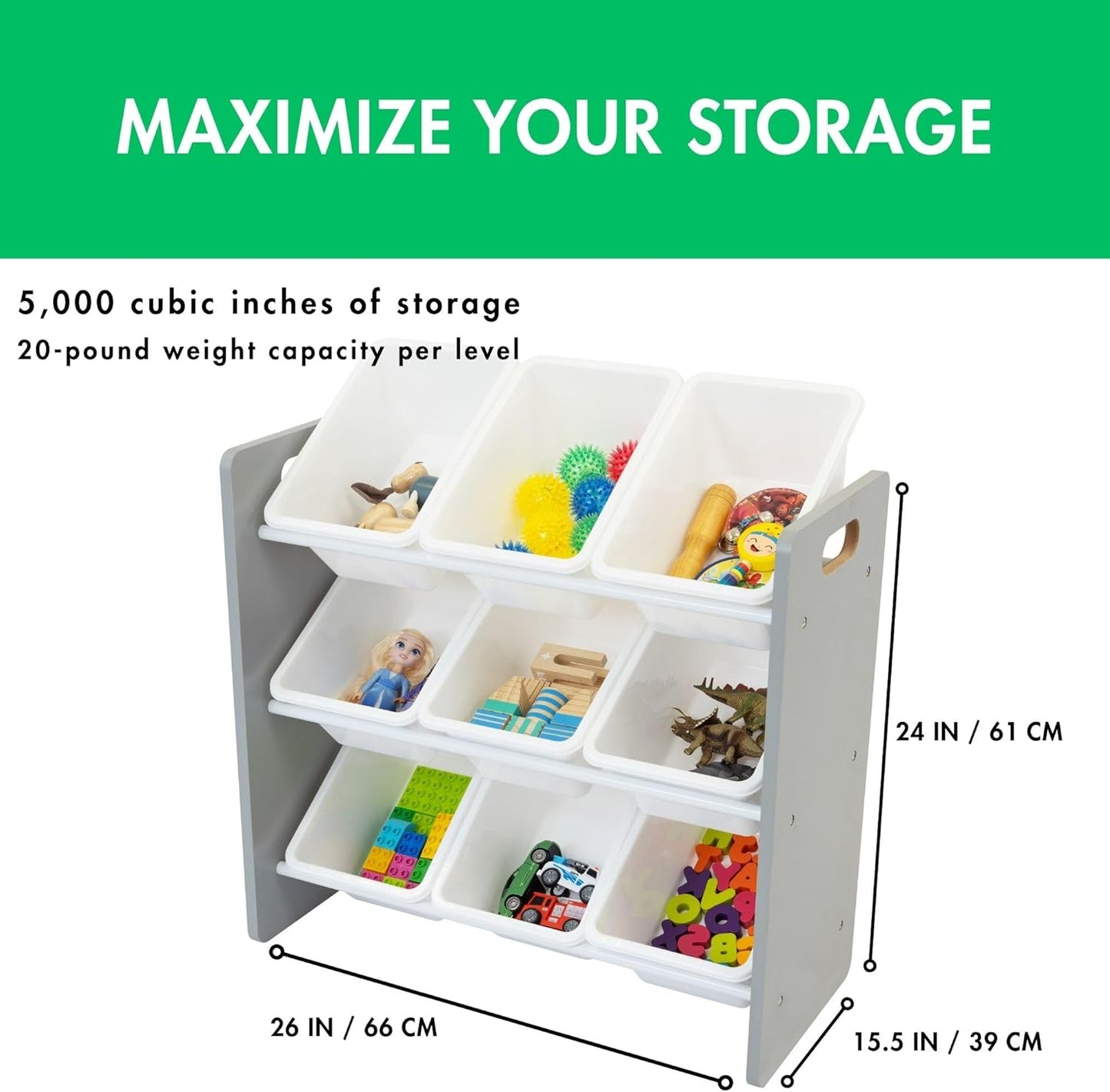 Humble Crew 9-Bin Toy Organizer – Inspire Grey with White Plastic Bins, 3-Tier Storage Solution for Kids' Playrooms and Nurseries