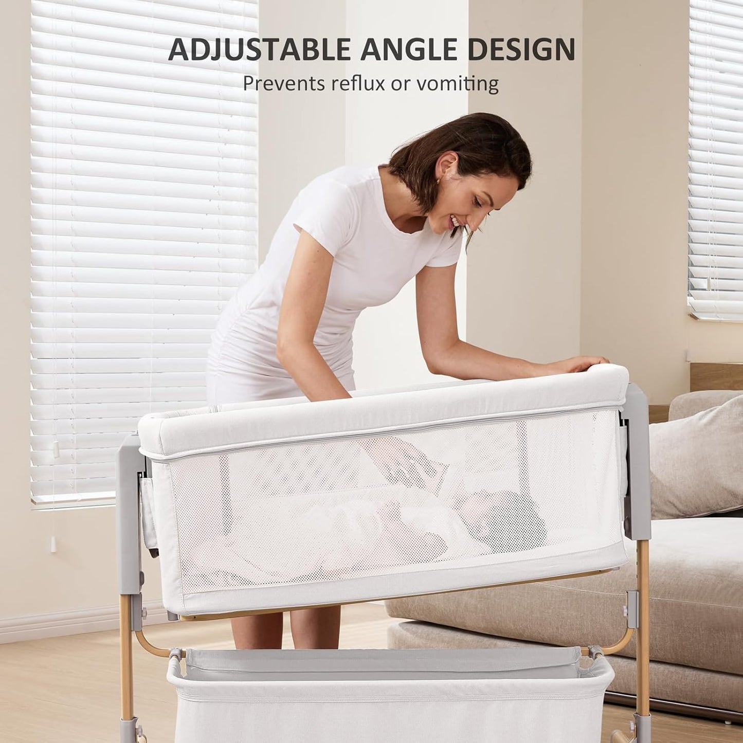 3 in 1 Baby Bassinet, Rocking Bassinet, Bedside Bassinet, 6-Height Adjustable, Bassinet Bedside Sleeper, Bedside Bassient for Baby with Comfy Mattress, Breathable Mesh, Large Storage Basket