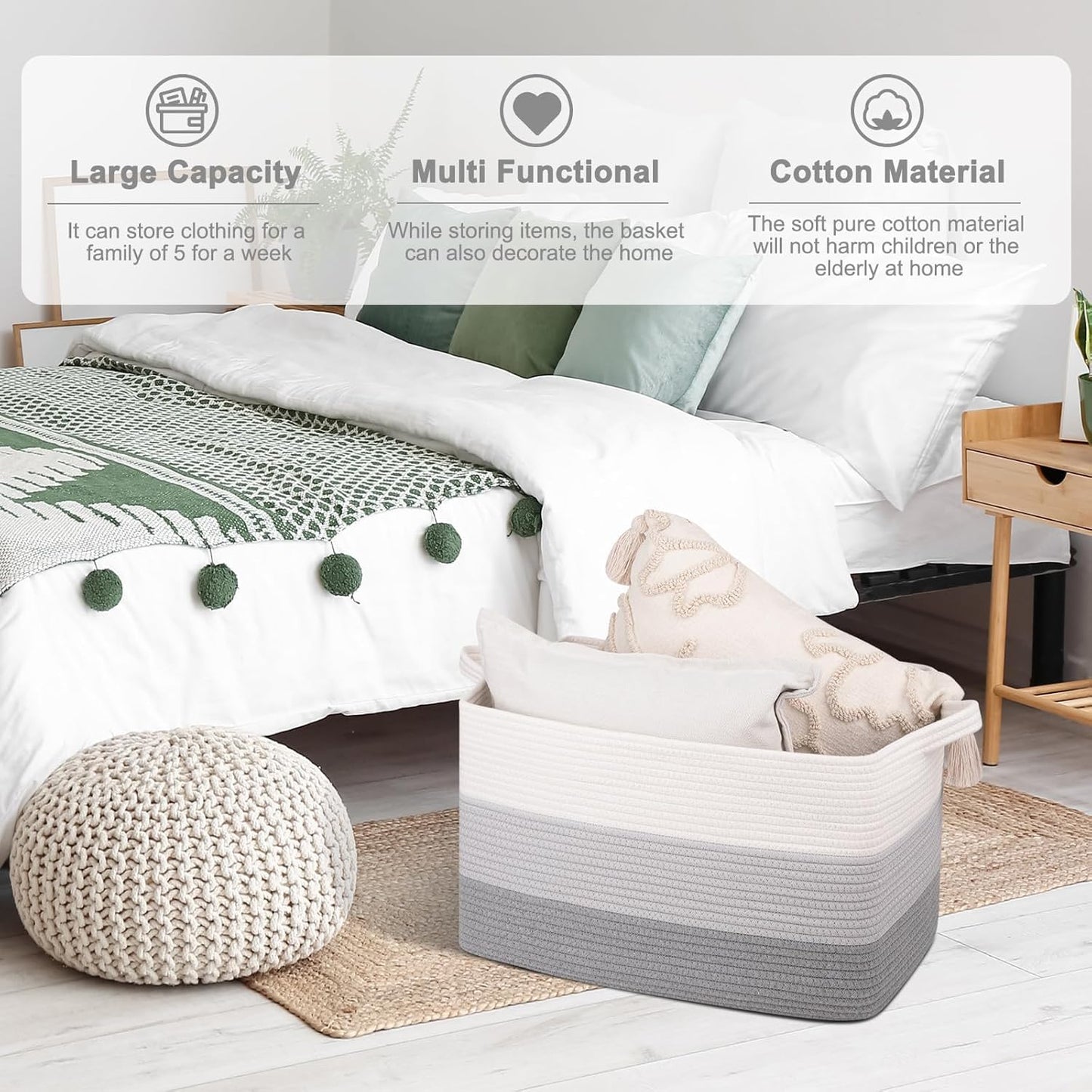 OIAHOMY Rectangle Woven Storage Basket - Nursery Cotton Rope Baskets for Storage, Toy Basket Organizing for Living Room, 17.7"x13.8"x11"- Pack of 3 - Gradient Gray