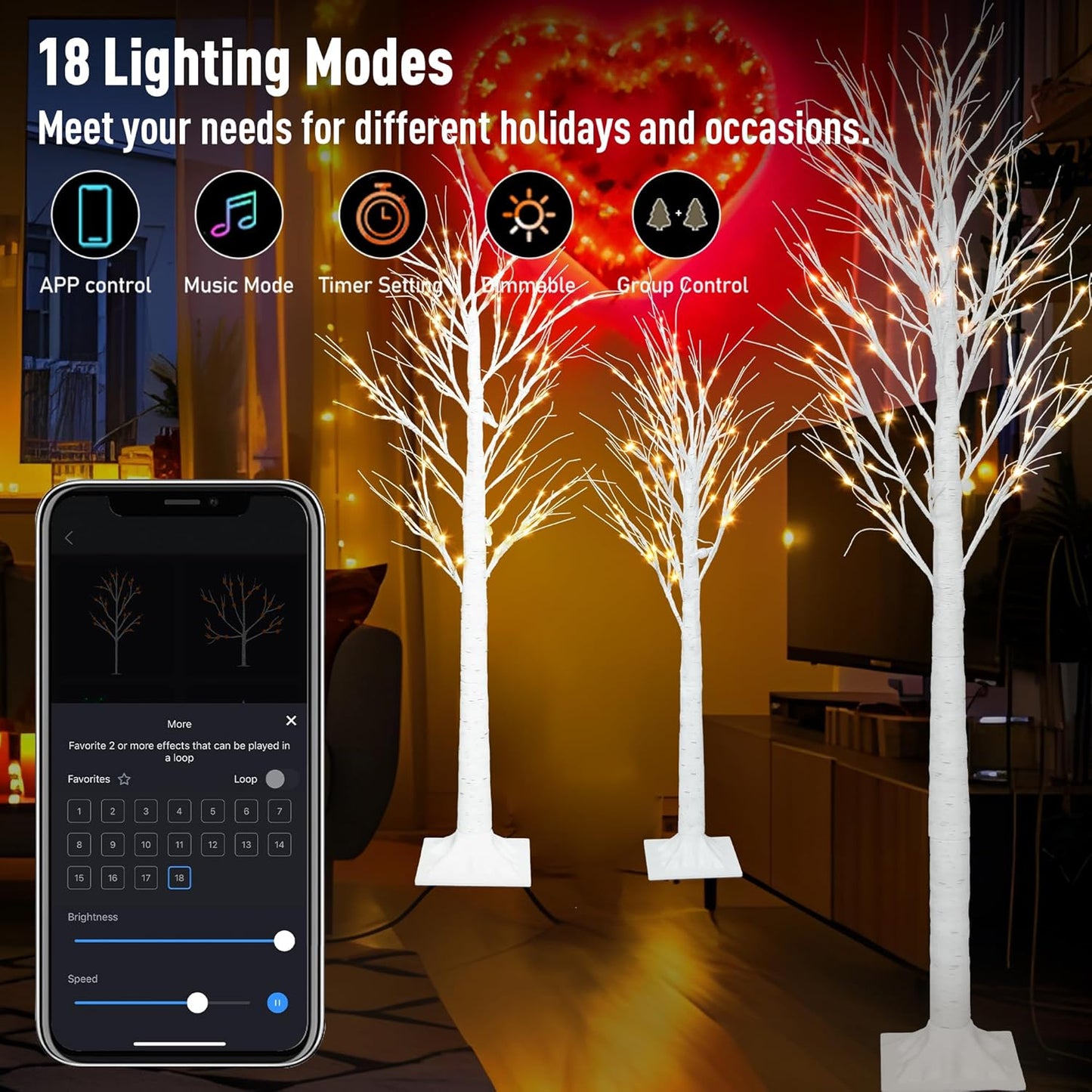 Smart Lighted Birch Trees 4FT 5FT 6FT, App Control, 18 Modes, Schedule, Dimmable, Warm White LED Lights, Waterproof Music Sync Star Light Tree Set for Indoor Outdoor Home Christmas Holiday Decorations