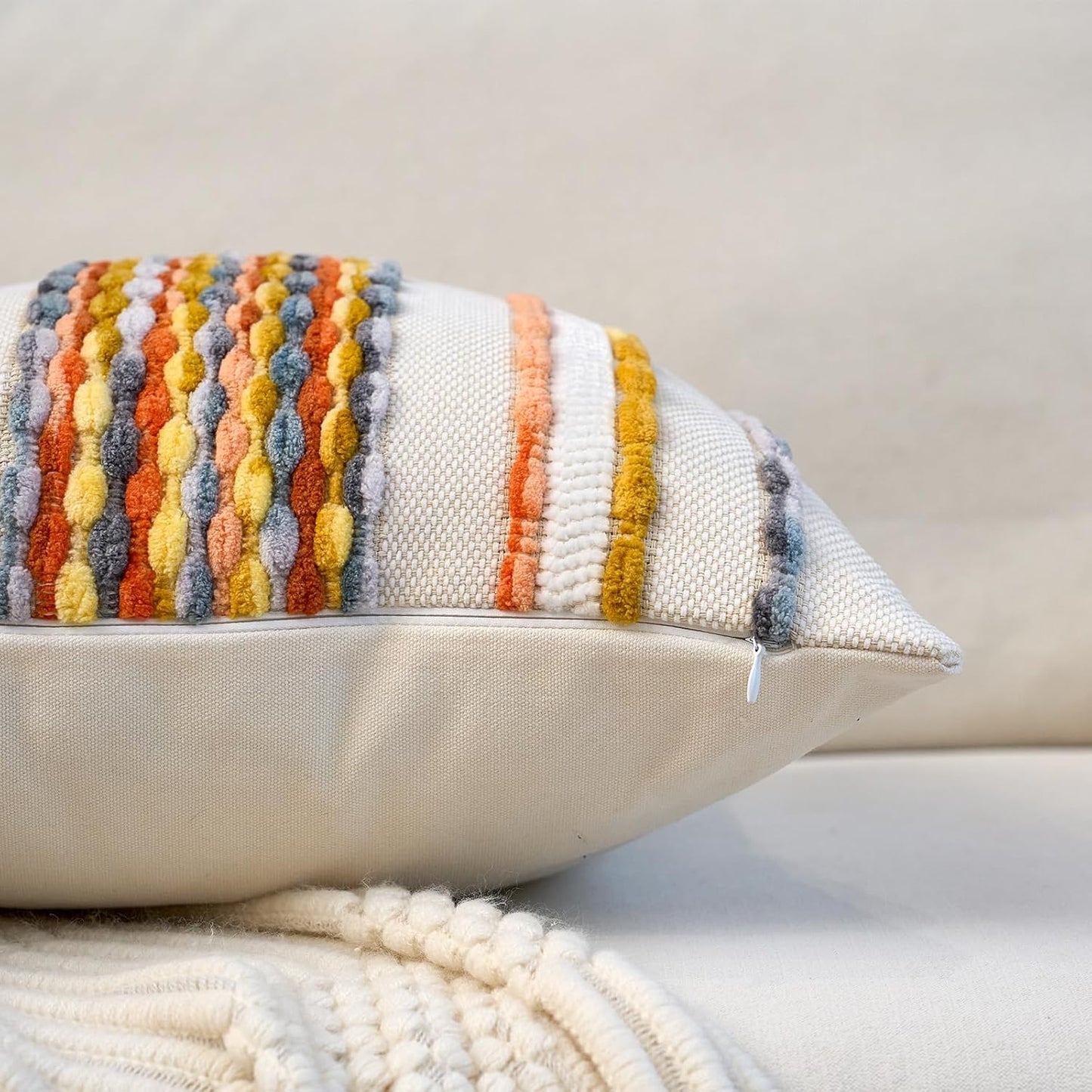 Aeckself Boho Pillow Covers 18x18 Inch Set of 2, Farmhouse Decorative Striped Square Chenille Tufted Accent Neutral Throw Pillow Covers for Living Room Couch Bed, Yellow Orange