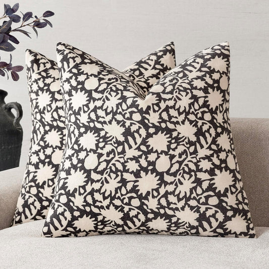 Foindtower Set of 2 Decorative Neutral Floral Throw Pillow Covers Accent Farmhouse Cushion Covers Boho Vintage Pillowcase for Couch Sofa Bedroom Living Room Home Decor Outdoor20×20 Inch,Black