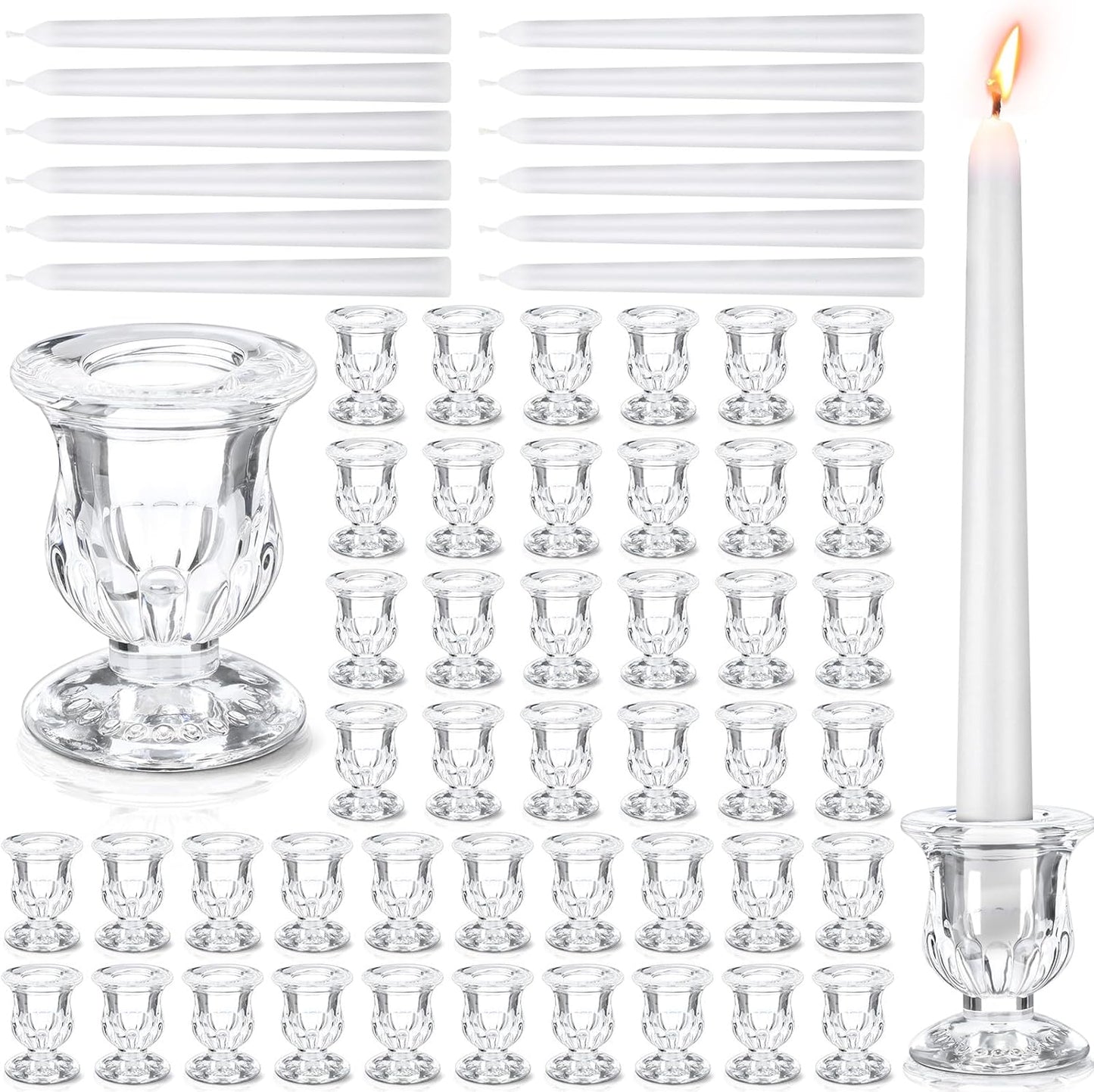 96 Pcs Glass Taper Candle Holders Bulk 2. 5 Inch Clear Candlestick Holder with Long Tapered Candles Candle Sticks Set for Table Centerpiece Wedding Christmas Party Decoration