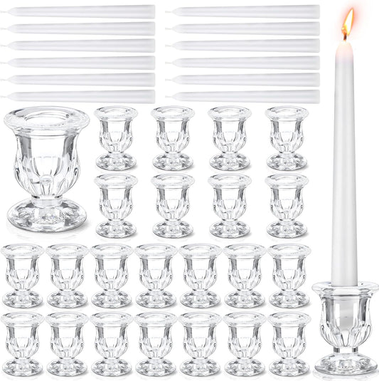 48 Pcs Glass Taper Candle Holders Bulk 2. 5 Inch Clear Candlestick Holder with Long Tapered Candles Candle Sticks Set for Table Centerpiece Wedding Christmas Party Decoration