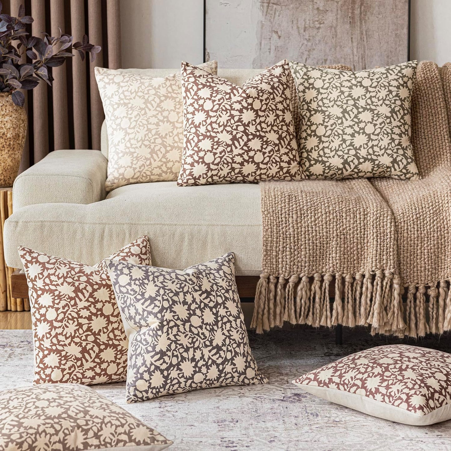 Foindtower Set of 2 Decorative Neutral Floral Throw Pillow Covers Accent Farmhouse Cushion Covers Boho Vintage Pillowcase for Couch Sofa Bedroom Living Room Home Decor Outdoor,24×24 Inch,Tan