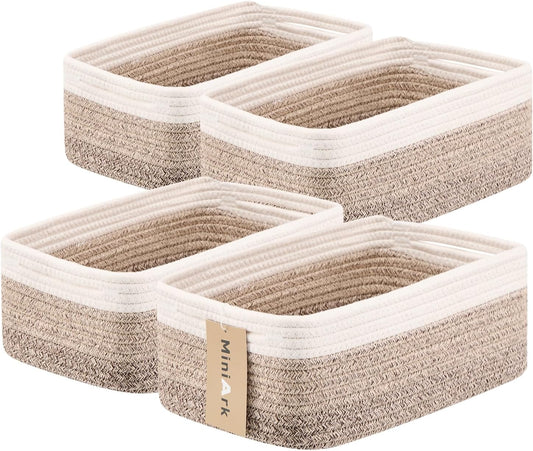 Small Storage Baskets for Organizing | Closet Organizer Bins | Shelf Toy Basket | Woven Rope Baskets | Cube Decorative Box | Shallow Basket | 13x8.5x5.1” | 4 Packs Gradient Brown