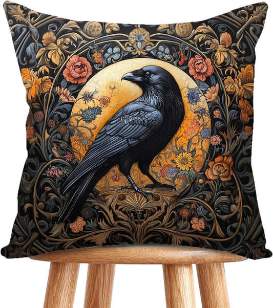 William Morris Abstract Vintage Floral Velvet Black Crow Design Throw Pillow Covers Home Decor, Retro Art Deco Pillowcase Cushion Cover for Bed Sofa Living Room, Square 18x18inch (Black-Crow)