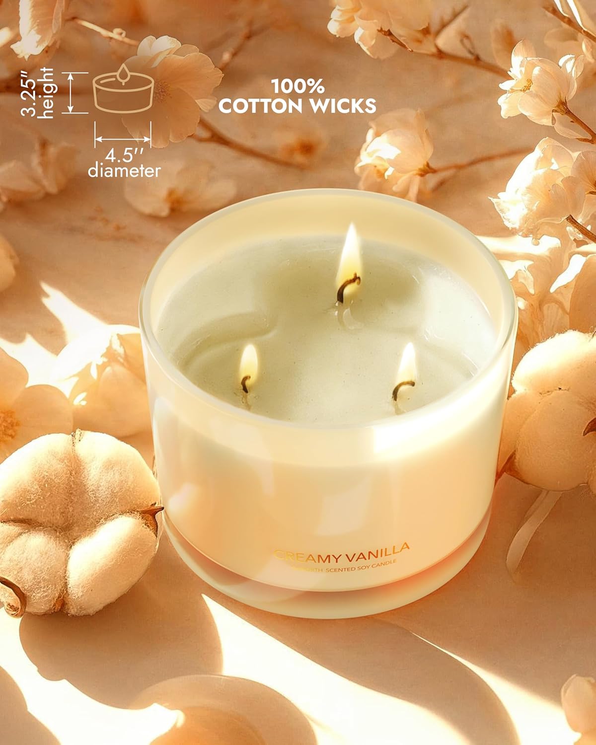 96NORTH Creamy Vanilla Scented Candles | Large 3 Wick Jar Candle | Up to 40 Hours Burning Time | 100% Natural Soy Wax | Relaxing Scented Candle for Home | Gift-Ready Luxury Candle for Men & Women