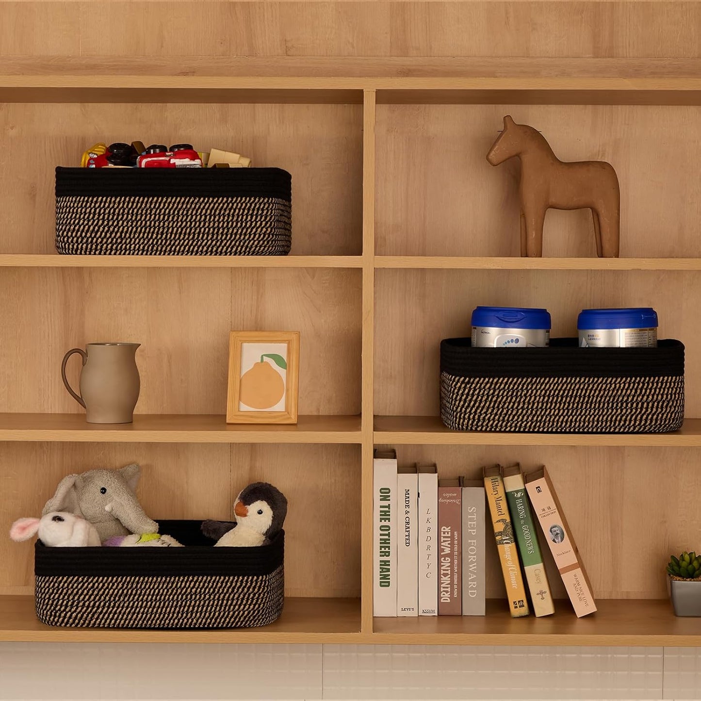 Large Shallow Organizing Baskets 15x11x5.1 Inches - Rope Woven Storage Bins for Bathroom, Shelves, Cube Closet, Black Woven Brown 2 Packs