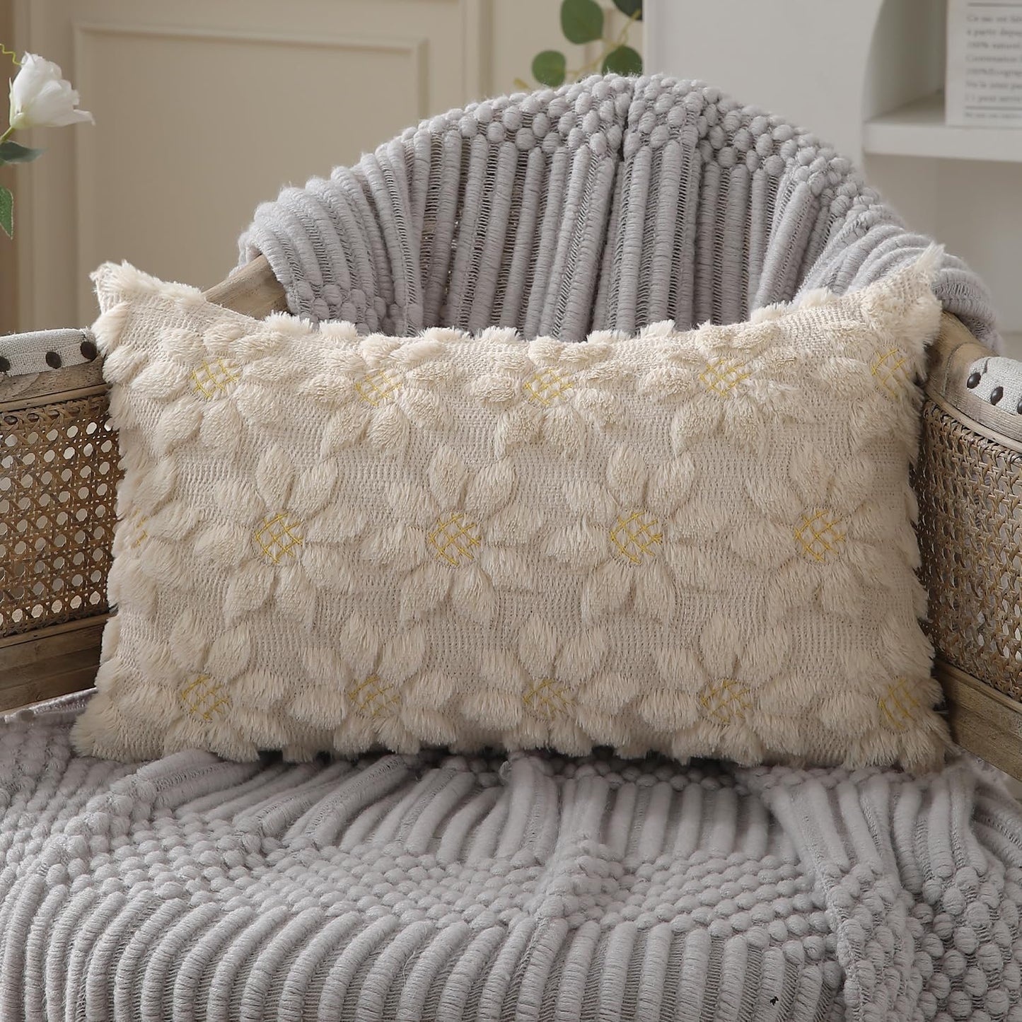 DFXSZ Spring Summer Pillow Covers 12x20 inch Set of 2 Farmhouse Decor Yellow Flower Heart Sunflower Beige Soft Plush Faux Fur Jacquard Throw Pillows for Sofa Holiday Spring Home Decor PTK024E12