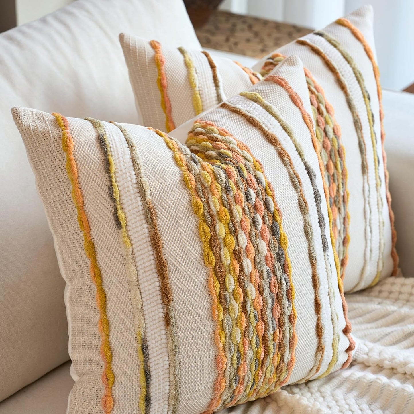 Aeckself Boho Pillow Covers 18x18 Inch Set of 2, Farmhouse Decorative Striped Square Chenille Tufted Accent Neutral Throw Pillow Covers for Living Room Couch Bed, Light Yellow