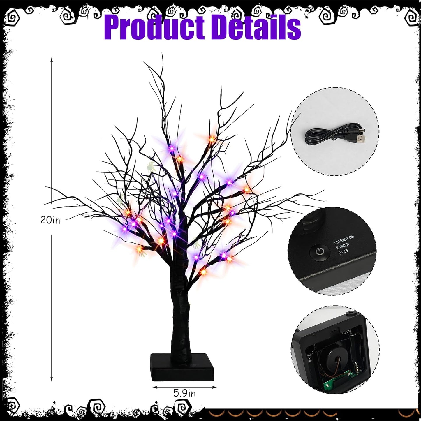 Dazzle Bright 2 Pack 20 Inch Orange & Purple Lighted Halloween Birches Tree Decor, 24 LED Battery Operated Halloween Decorations Artificial Black Spooky Tree with Timer for Indoor Home Party