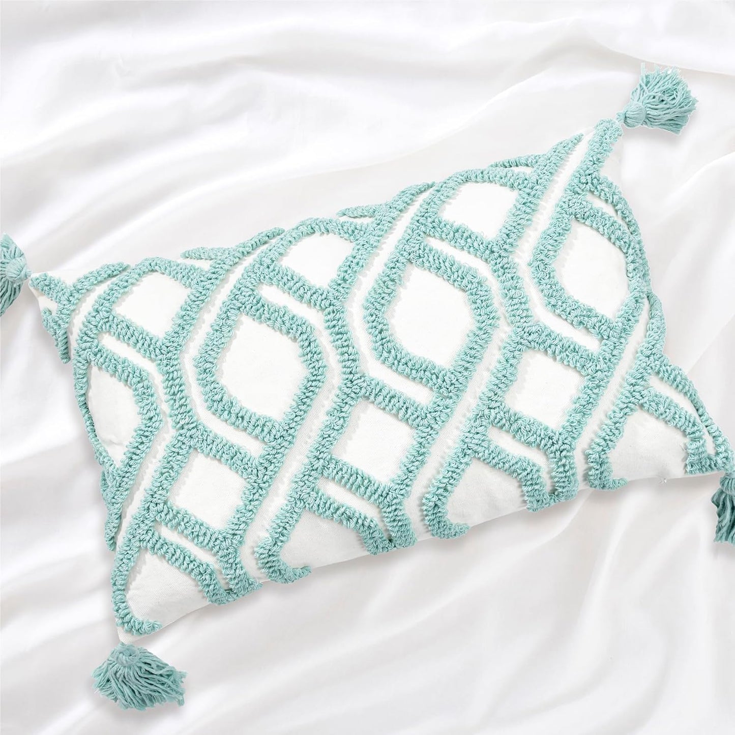 Boho Pillow Covers 12X20 Inch Boho Tufted Throw Pillow Covers Decorative Tassels Cushion Cover Farmhouse Pillow Case for Couch Sofa Bed Living Room Bedroom, Aqua Green