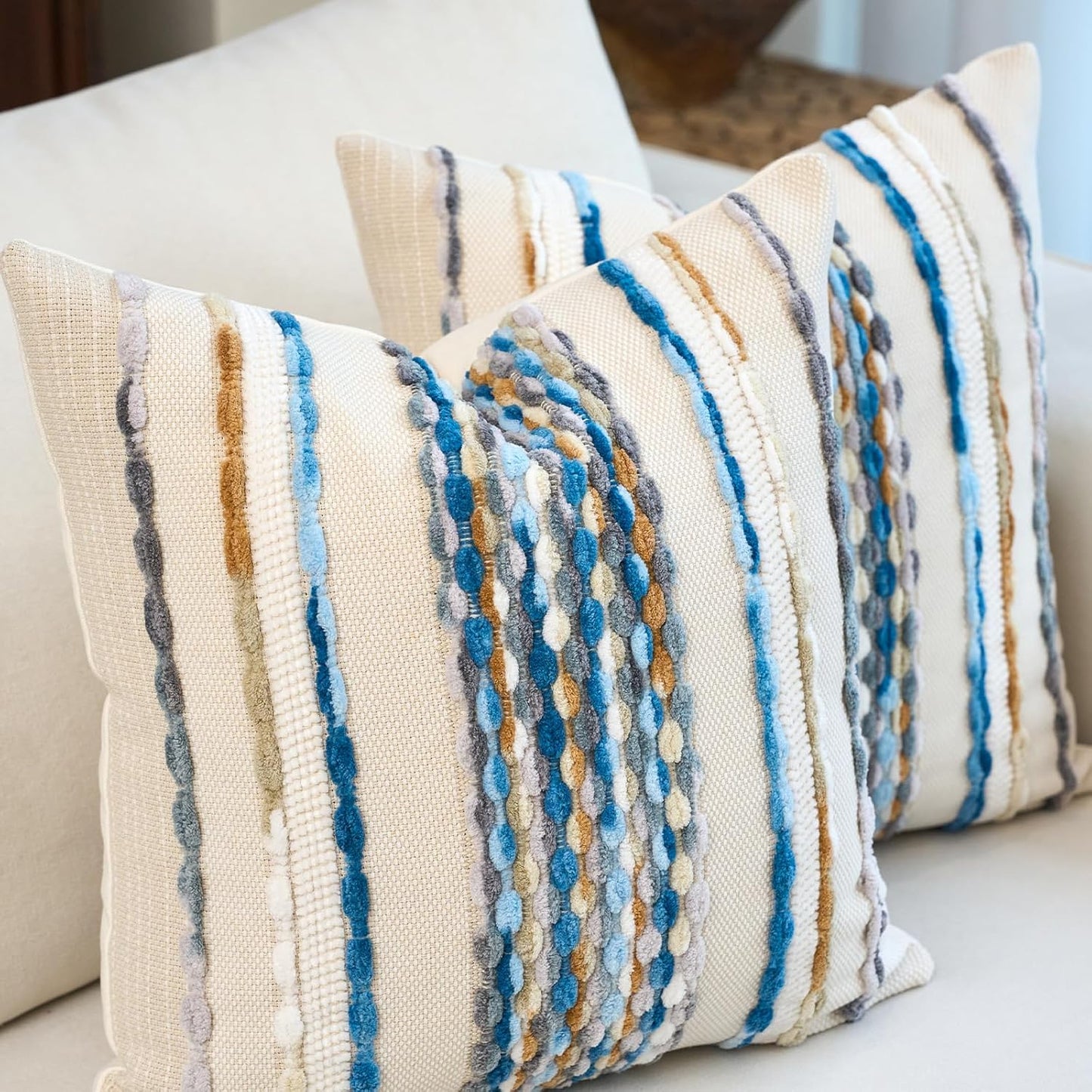 Aeckself Boho Pillow Covers 18x18 Inch Set of 2, Farmhouse Decorative Striped Square Chenille Tufted Accent Neutral Throw Pillow Covers for Living Room Couch Bed, Sky Blue