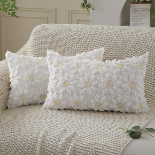 DFXSZ Spring Summer Pillow Covers 12x20 inch Set of 2 Farmhouse Decor Yellow Color Flower Heart Sunflower Soft Plush Faux Fur Jacquard Throw Pillows for Sofa Holiday Spring Home Decor PTK024C12