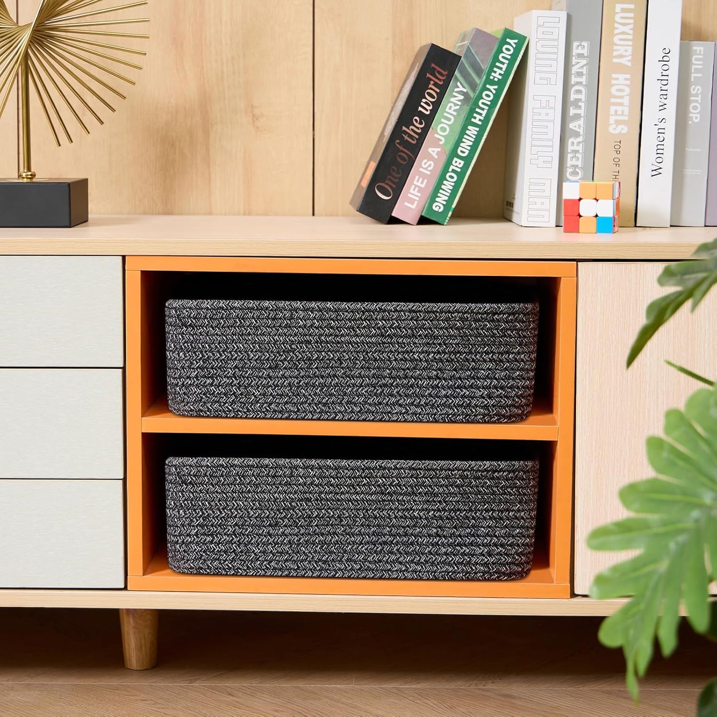Large Shallow Organizing Baskets 15x11x5.1 Inches - Rope Woven Storage Bins for Bathroom, Shelves, Cube Closet, Mixed Black 2 Packs