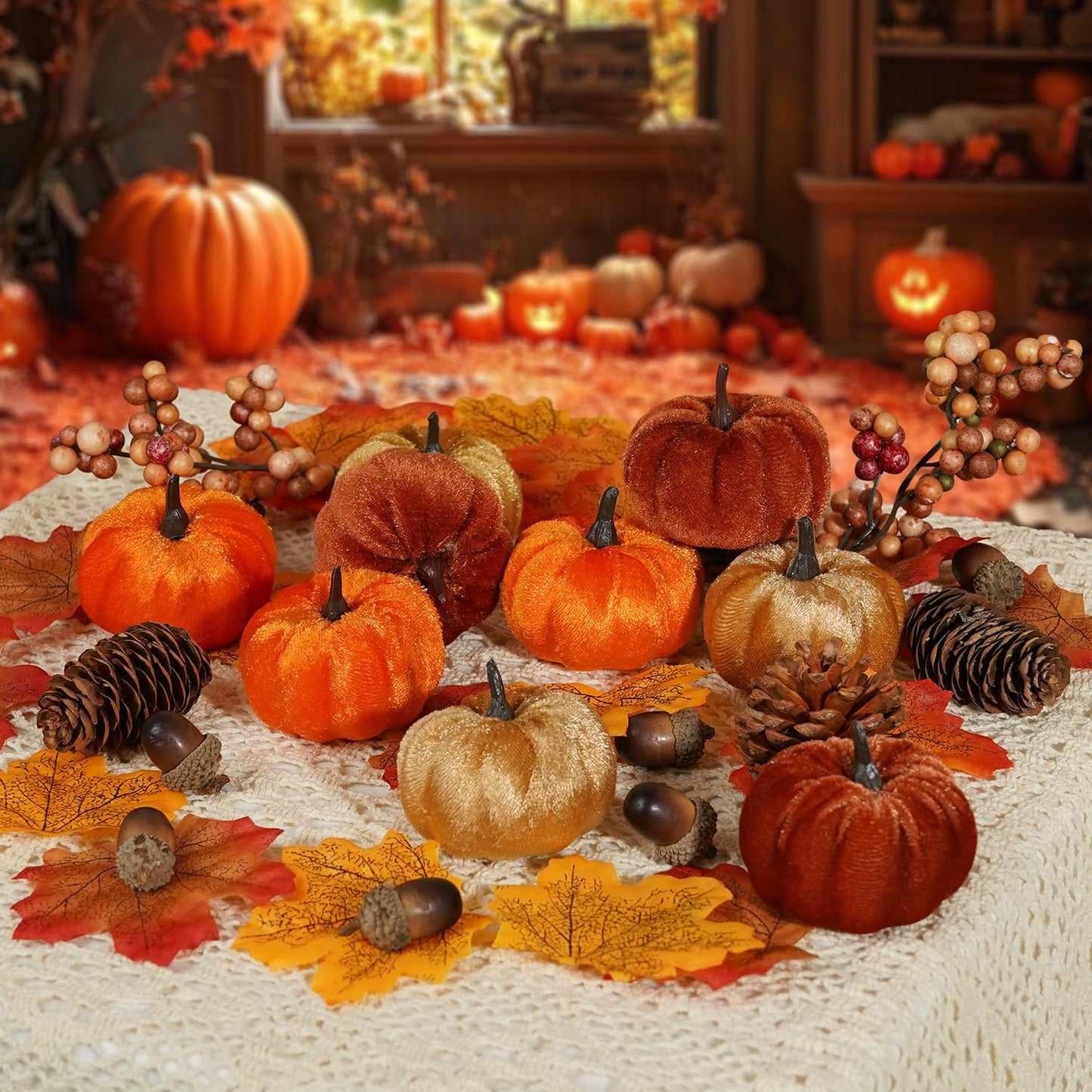 Artmag 51 PCS Artificial Fabric Pumpkins, Fall Harvest Decorations with Acorns, Pinecones, Berries, Maple Leaves for Fall Thansgiving Halloween Decoration