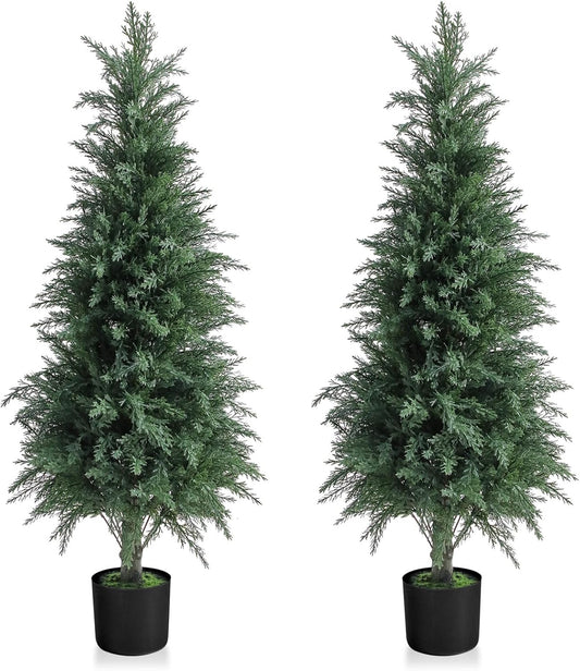 Artificial Cedar Topiary Trees 4FT Set of 2 Lifelike Faux Evergreen Cypress Bushes UV Resistant Outdoor Christmas Trees Realistic Potted Plants for Indoor Outdoor Decor
