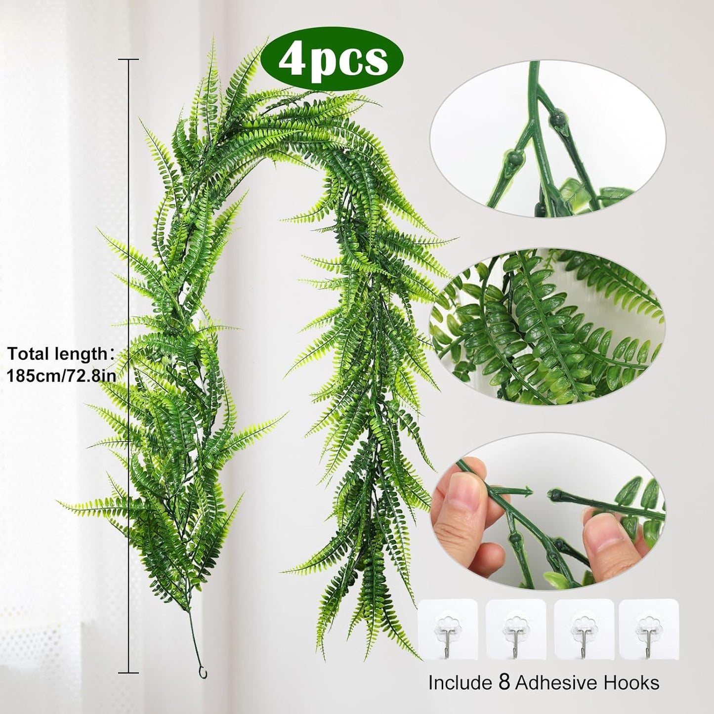 RECUTMS 4pcs Ferns Garland 6 FT Ivy Vines Fake Plant Artificial Hanging Plant Faux Boston Ferns Greenery Leaves Fake Vines for Outdoor Indoor Home Garden Decoration Party Table Wall Decoration(Green)