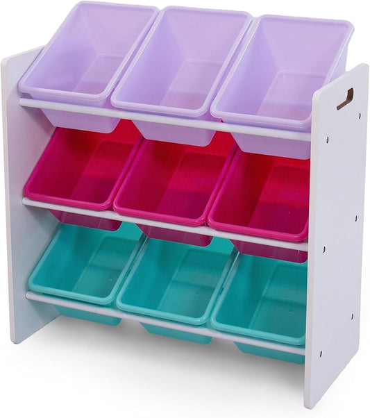 Humble Crew 9-Bin Toy Organizer – Forever Natural White/Pink/Purple/Aqua Plastic Bins, 3-Tier Storage Solution for Kids' Playrooms and Nurseries
