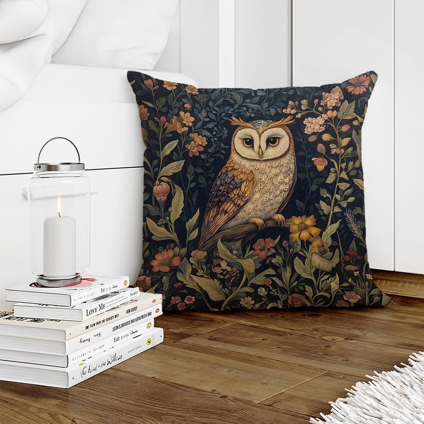 YOU FOUND ME William Morris Abstract Vintage Floral Velvet Owl Design Throw Pillow Covers Home Decor, Retro Art Deco Pillowcase Cushion Cover for Bed Sofa Living Room, Square 18x18inch (Brown-Owl)
