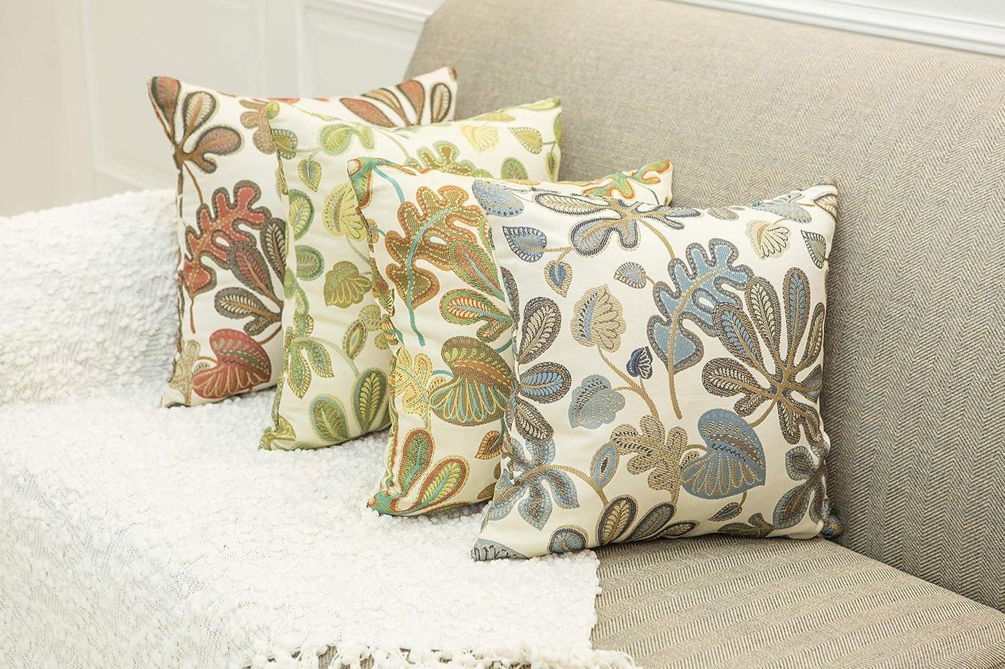 Set of 2 Jacquard Tropical Leaf Pattern Throw Pillow Covers Decorative Pillowcase 22X22 Inches,Coral Cream