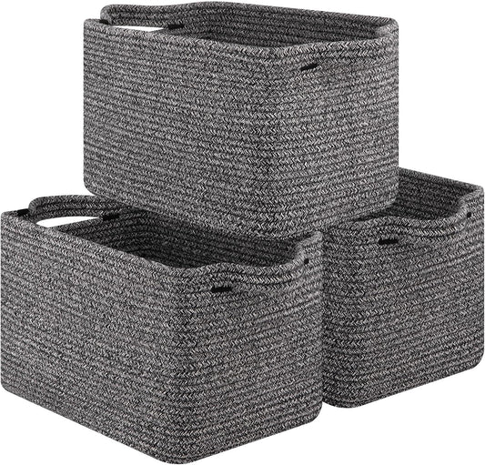 OIAHOMY Storage Basket, Woven Baskets for Storage, Cotton Rope Basket for toys,Towel Baskets for Bathroom - Pack of 3, Black