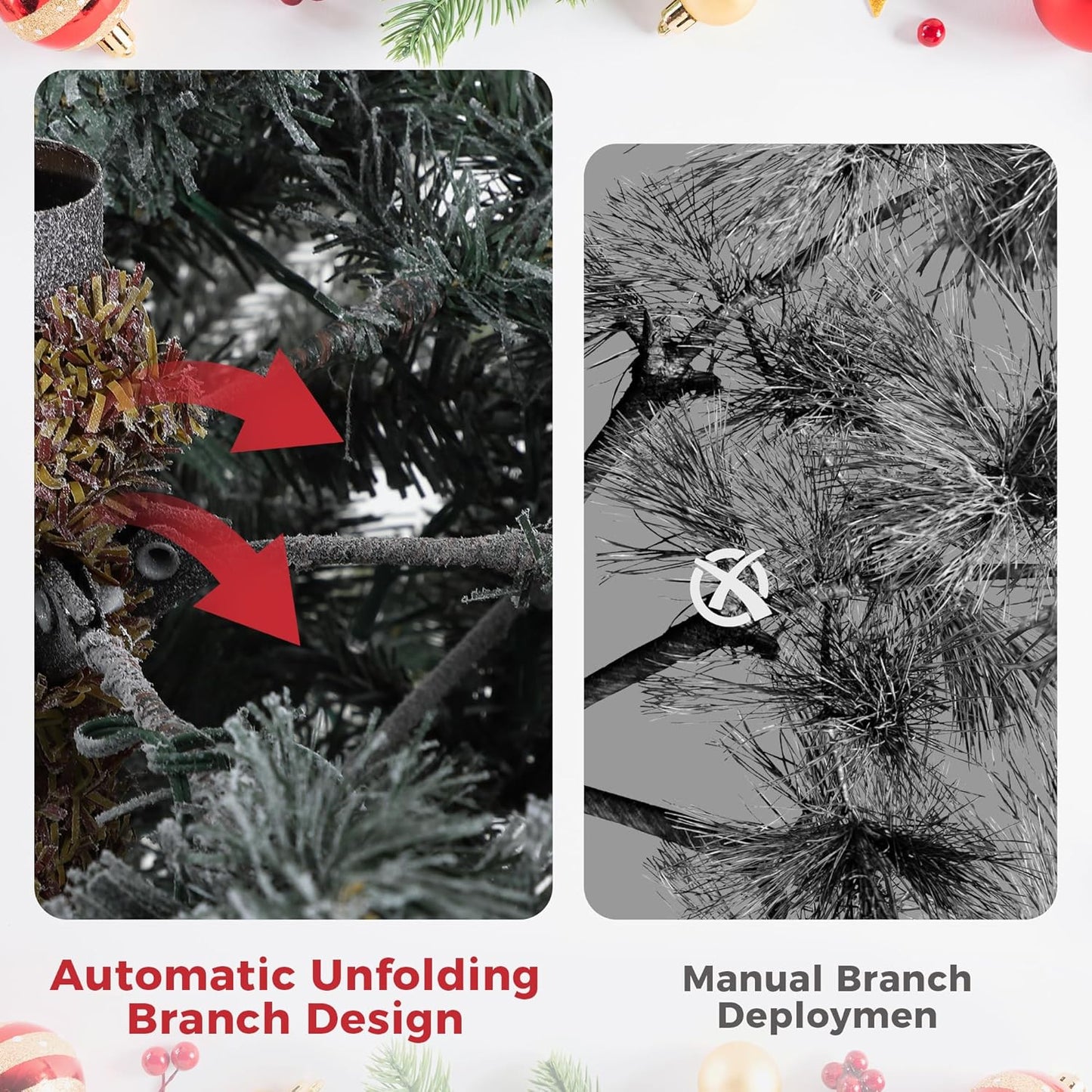 7.5ft Pre-lit Artificial Christmas Tree with Incandescent Warm White Lights, Snow Flocked Full Prelighted Xmas Tree Automatic Branch Tips, UL Listed Lights & Foldable Stand, Green & White