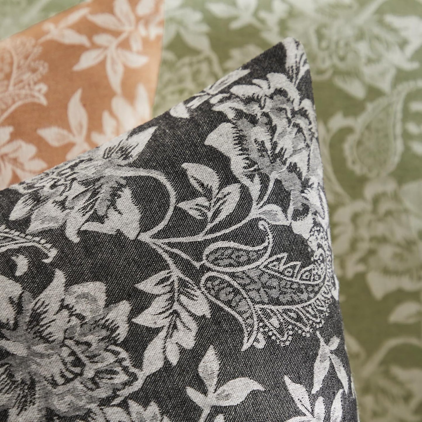 Floral Jacquard Throw Pillow Covers Set of 2, Background/Charcoal 22x22 Inch, Farmhouse Decorative Cotton Dark Grey Cushion Covers for Sofa Bed Living Room Home Decor